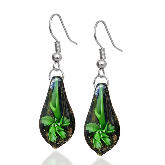 BESHEEK Handmade Murano-inspired Sterling Silver Green Lily in Teardrop Fused Glass Dangle Earrings | Hypoallergenic Boho Beach Gala Wedding Style Fashion Earrings