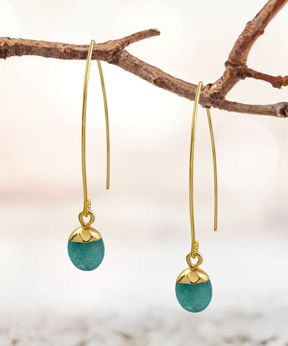 BESHEEK | Goldtone Long Fish Hook Jade Oval Dangle Earrings