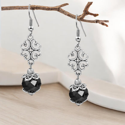 BESHEEK Silvertone Ornament and Black Crystal Dangle Earrings KIT
