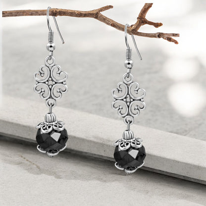 BESHEEK Silvertone Ornament and Black Crystal Dangle Earrings | Handmade Hypoallergenic Boho Beach Gala Wedding Style Fashion Earrings