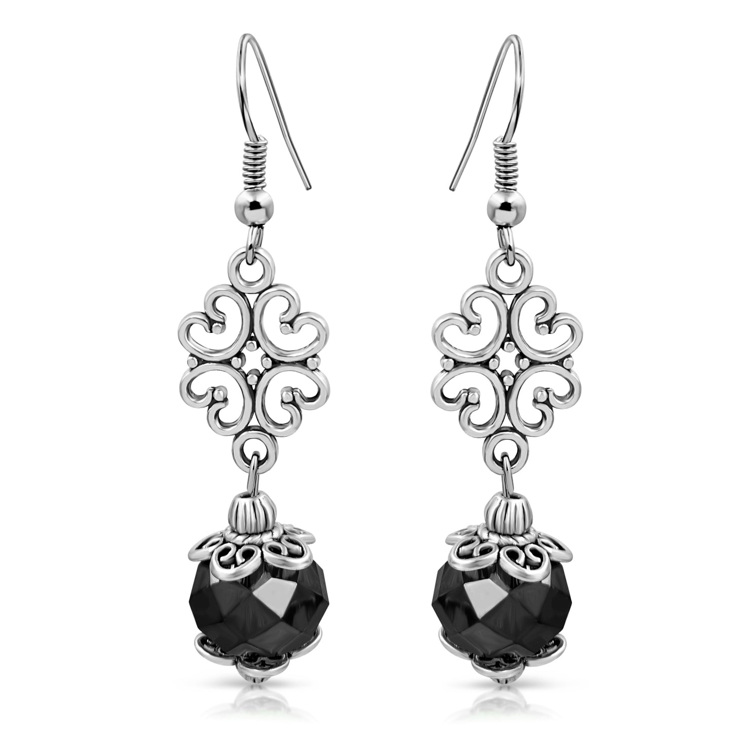 BESHEEK Silvertone Ornament and Black Crystal Dangle Earrings | Handmade Hypoallergenic Boho Beach Gala Wedding Style Fashion Earrings