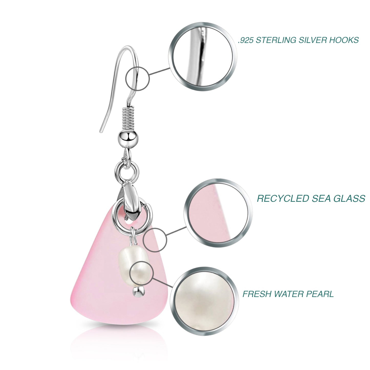 Stunning Sterling Silver Pink Pearl Resin Sea Glass Earrings