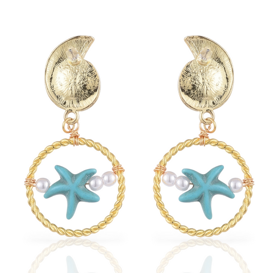 Goldtone and Turquoise Sea Star Hoop Dangle Earrings