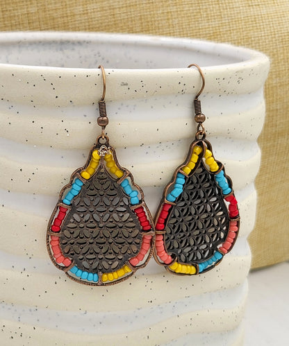 Antiqued Bronze Mayan Beaded Teardrop Earrings