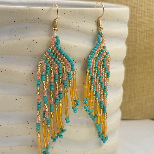 Blue and Gold Beaded Mayan Dangle Earrings