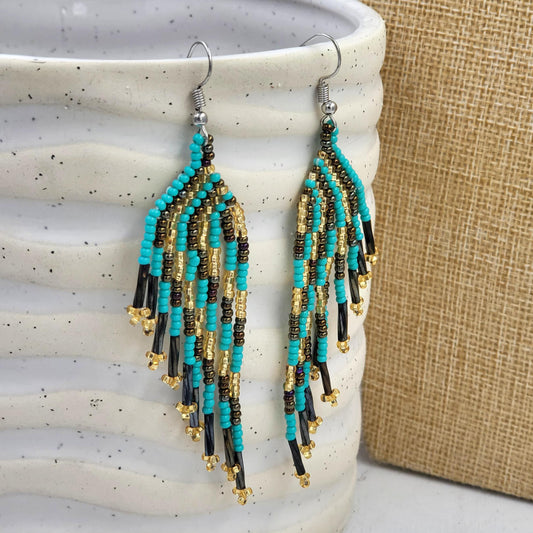 Blue and Brown Beaded Mayan Dangle Earrings