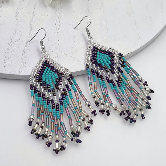 Blue, Purple and Silver Beaded Mayan Dangle Earrings