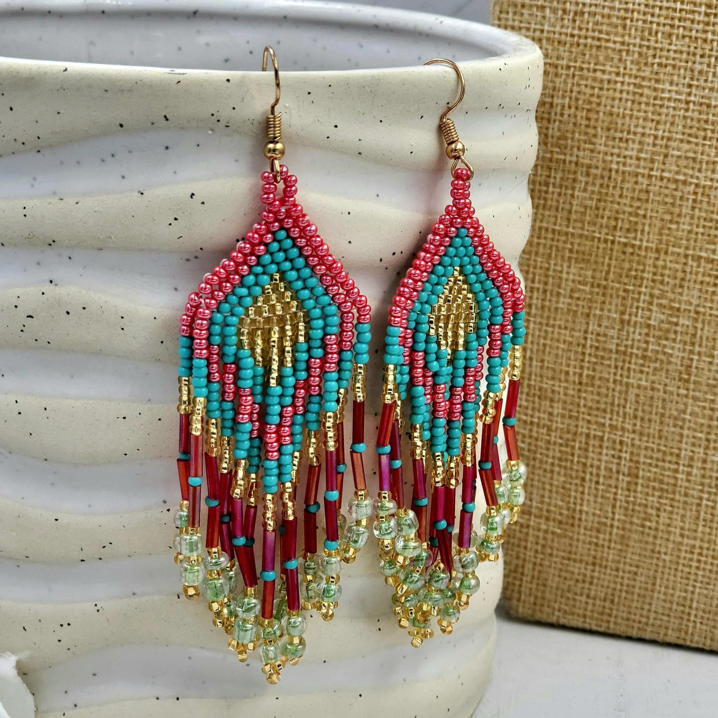 Blue and Red Beaded Mayan Dangle Earrings