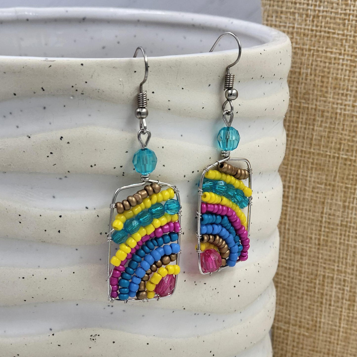 Blue, Yellow and Pink Beaded Sunrise Mayan Earrings