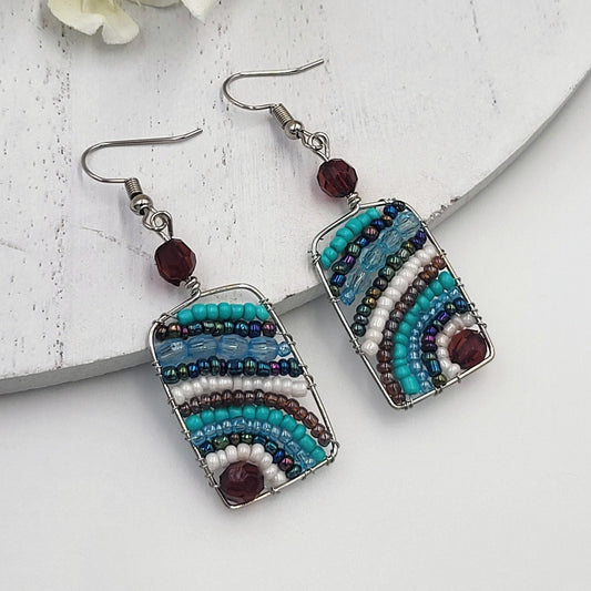 Blue, White and Brown Beaded Sunrise Mayan Earrings