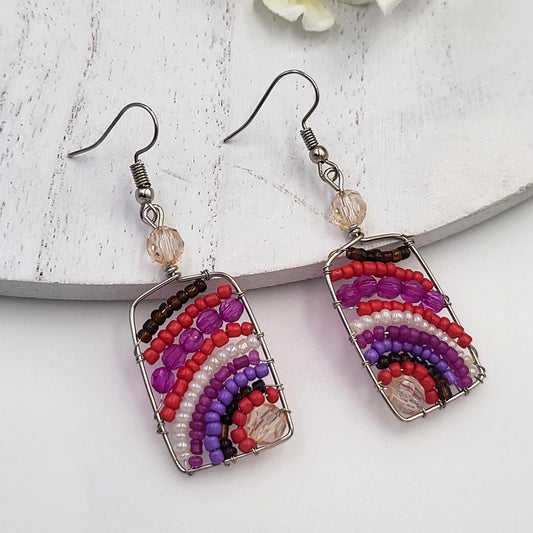 Red, Purple and Pink Beaded Sunrise Mayan Earrings