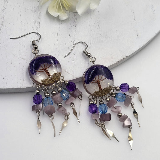 Blue Quartz and Shell Tree of Life in Resin Circle Earrings