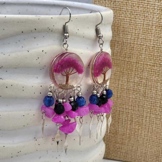 Pink Quartz and Agate Tree of Life in Resin Circle Earrings