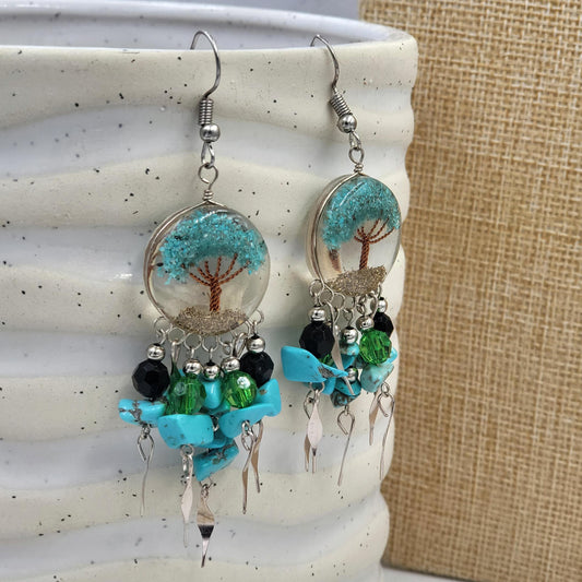 Light Blue Quartz and Turquoise Tree of Life in Resin Circle Earrings