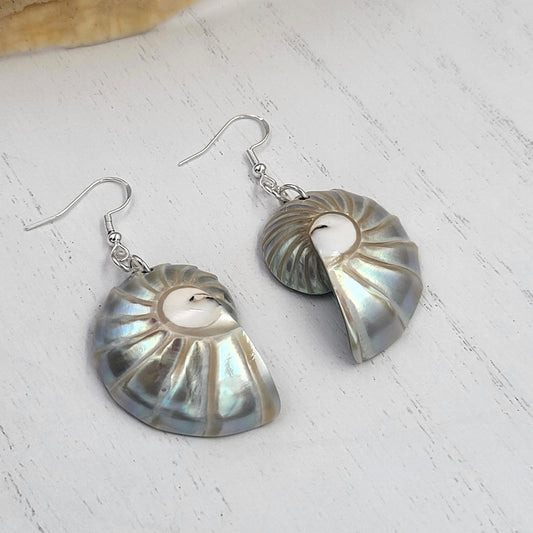 Sterling Silver Nautilus Shell Spiral Dangle Earrings