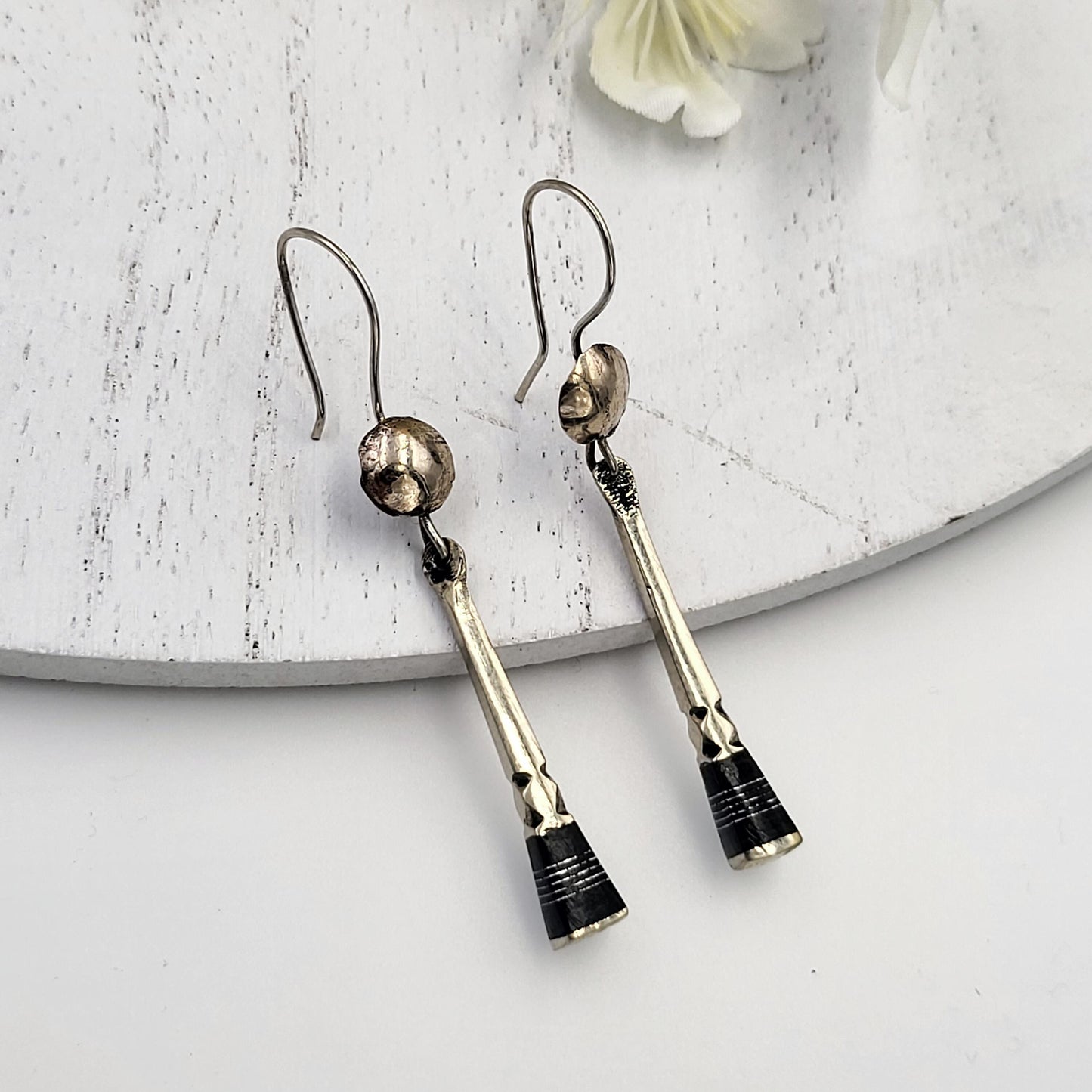 German Silver and Ebony Tower Dangle Earrings