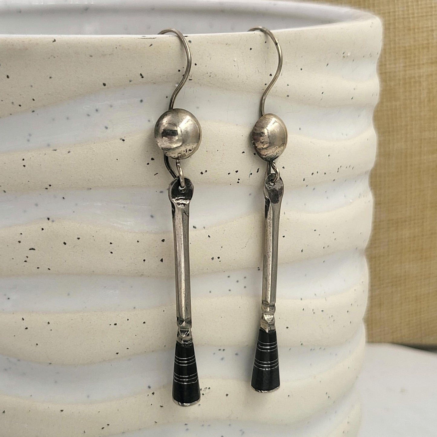 German Silver and Ebony Rod Dangle Earrings