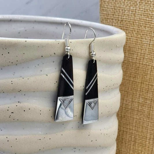 German Silver and Ebony Triangle Tower Tribal Dangle Earrings