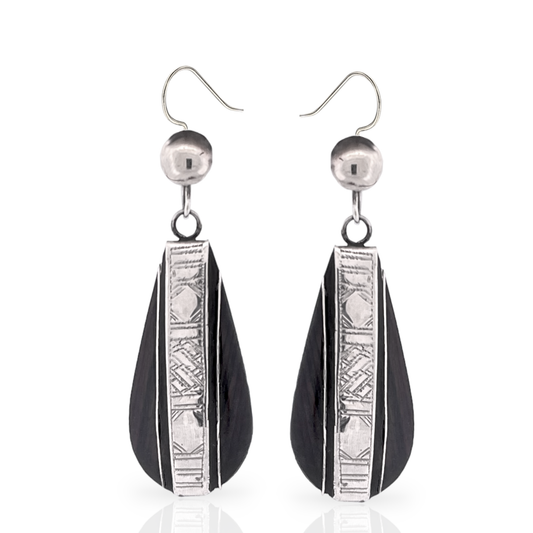 German Silver and Ebony Teardrop Tribal Dangle Earrings