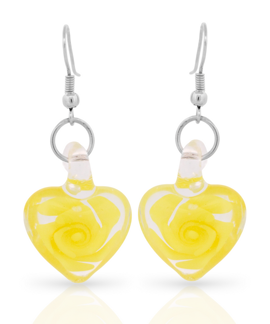 Glass Yellow Flower Heart Dangle Earrings