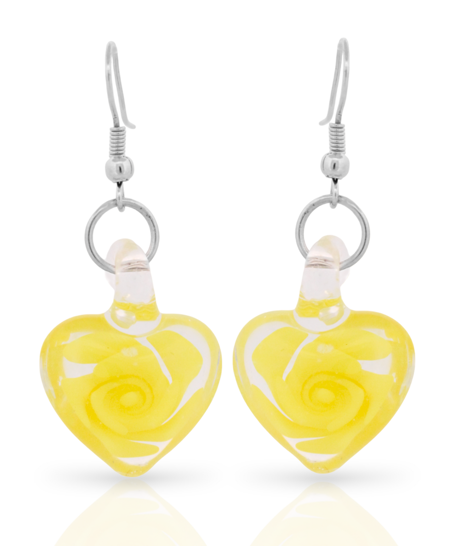 Glass Yellow Flower Heart Dangle Earrings