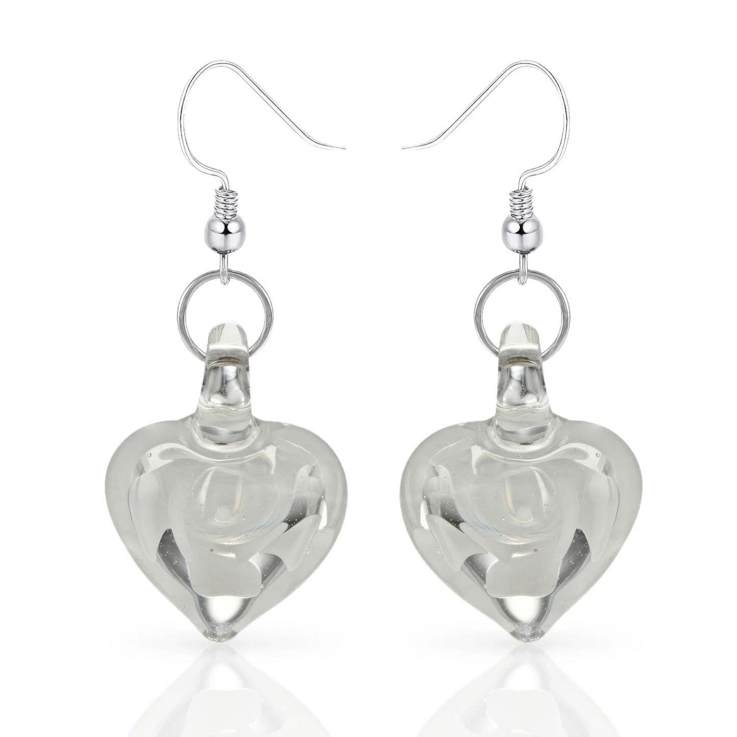 Glass White Flower Heart Dangle Earrings