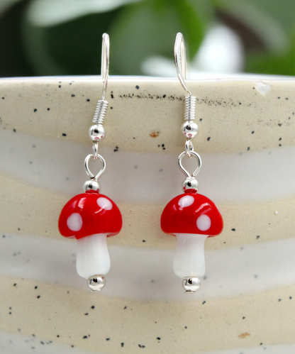 BESHEEK | Glass Red and White Small Mushroom Sterling Silver Earrings