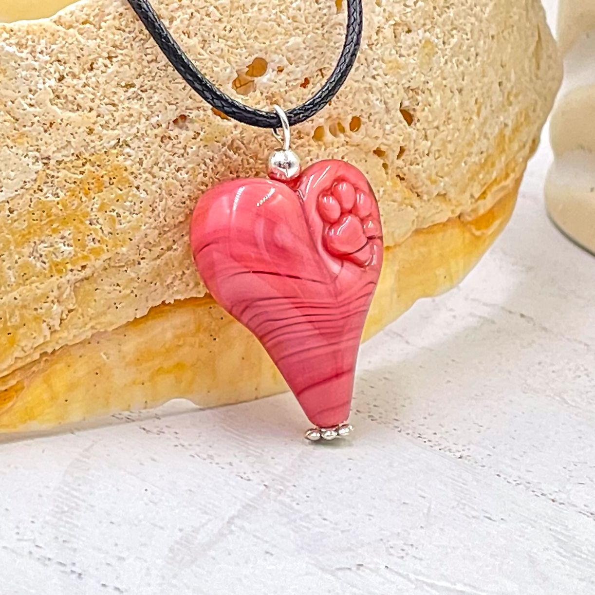 Paws for Humanity Lampwork Glass Heart Necklace - Pink