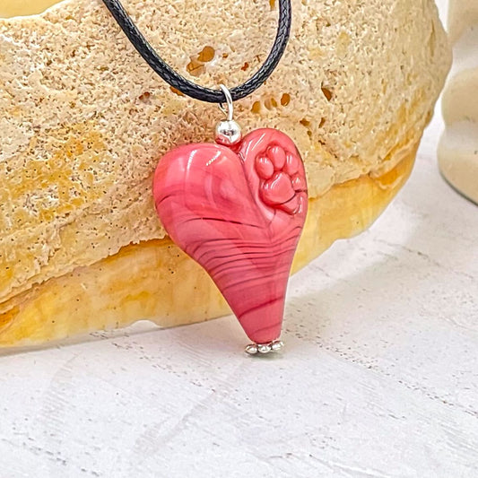 Paws for Humanity Lampwork Glass Heart Necklace - Pink