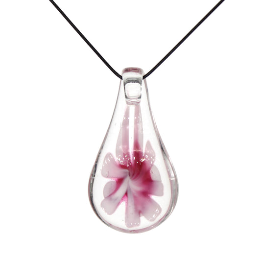 Glass Pink Flower Teardrop Pendant Necklace