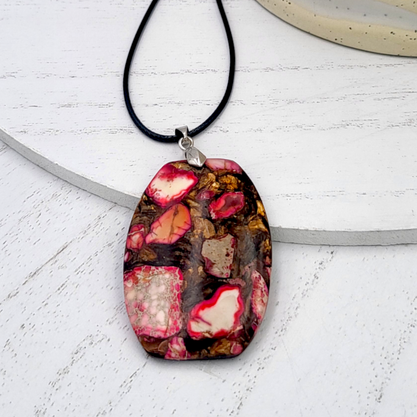 Pink Sea Sediment Jasper and Bronzite Pendant Necklace