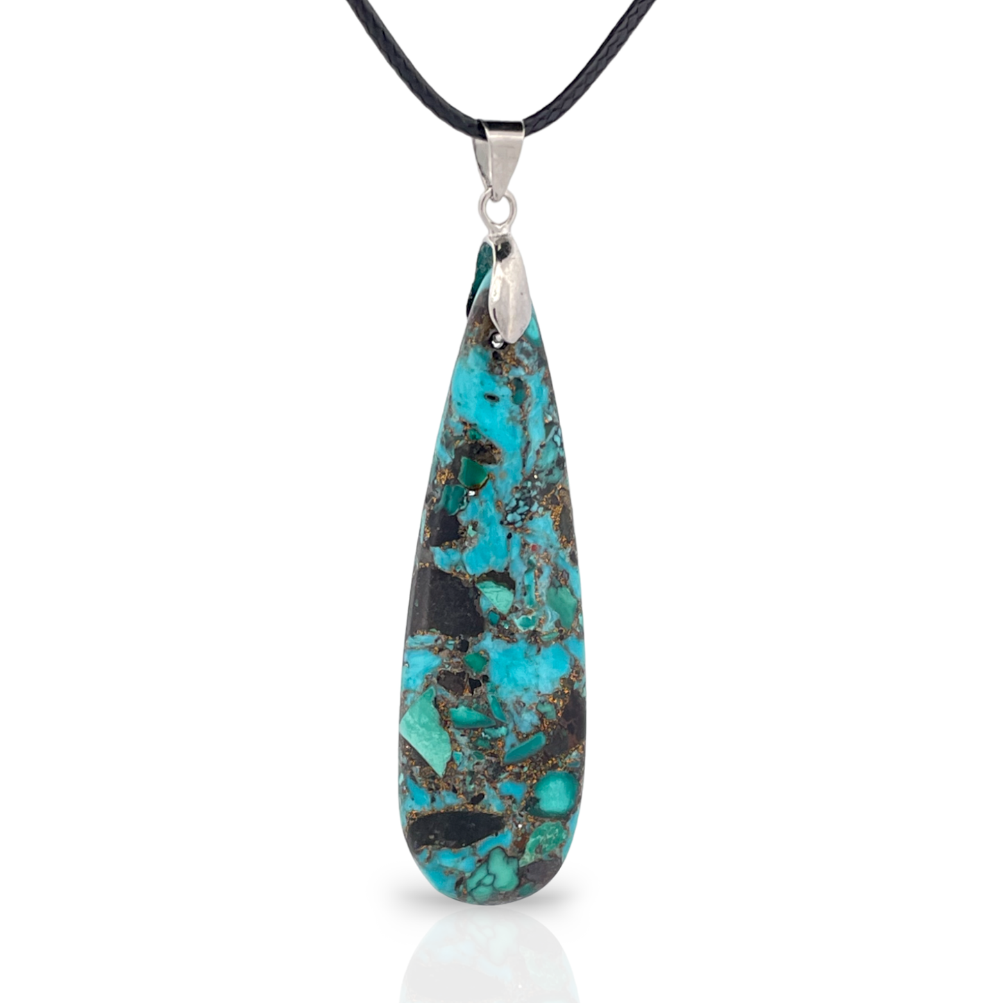 Aqua Blue Sea Sediment Jasper and Bronzite Teardrop Pendant Necklace