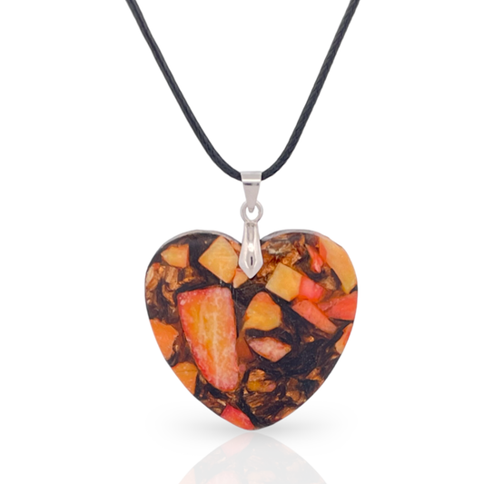 Orange Sea Sediment Jasper and Bronzite Heart Pendant Necklace