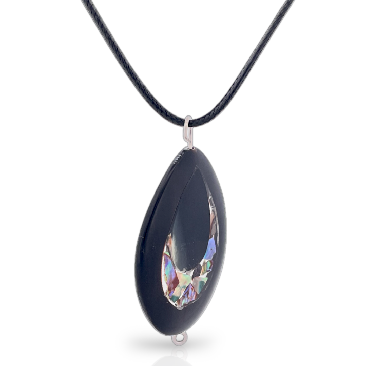 Jet Wood and Abalone in resin Teardrop Pendant Necklace