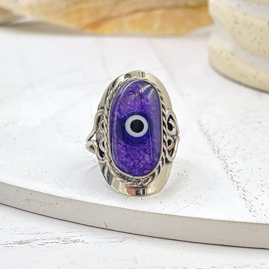 Purple Quartz in Resin Evil Eye Statement Adjustable Ring