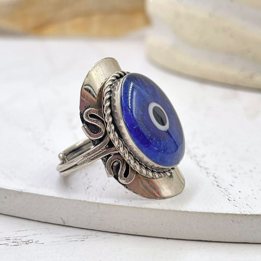 Blue Quartz in Resin Evil Eye Statement Adjustable Ring