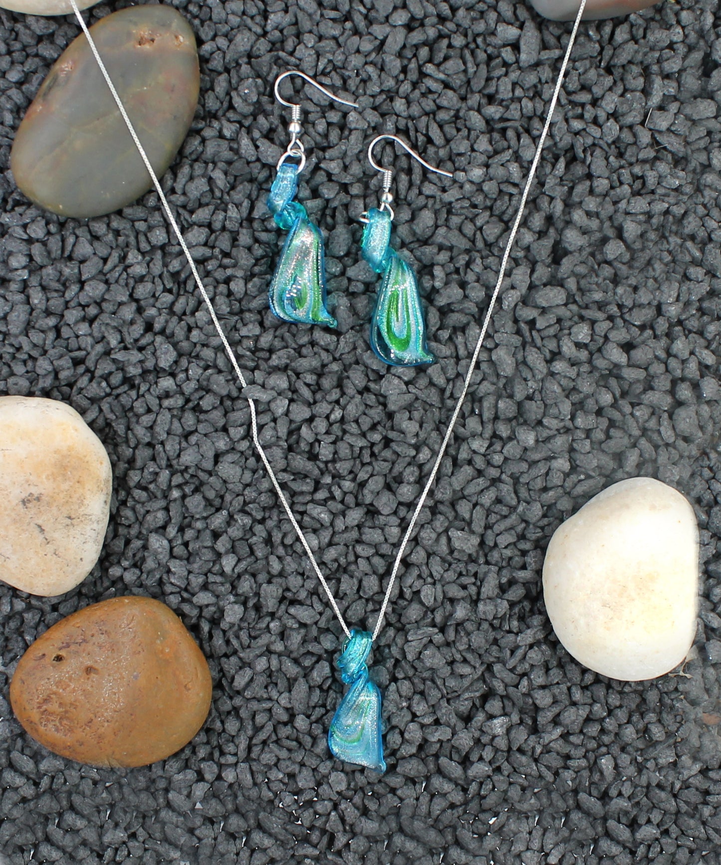 Sterling Silver Aqua Blue Tornado Glass Earrings and Necklace Pendant Set KIT