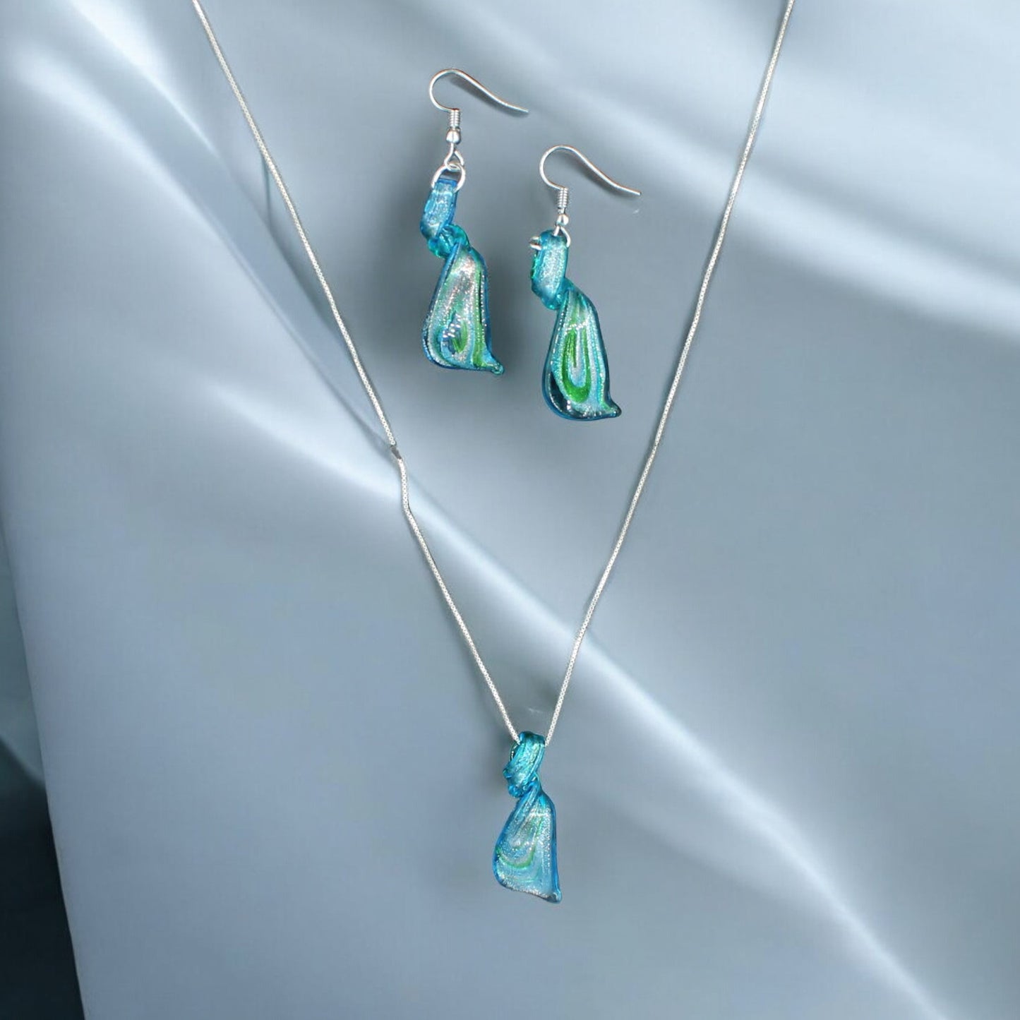 Sterling Silver Aqua Blue Tornado Glass Earrings and Necklace Pendant Set KIT