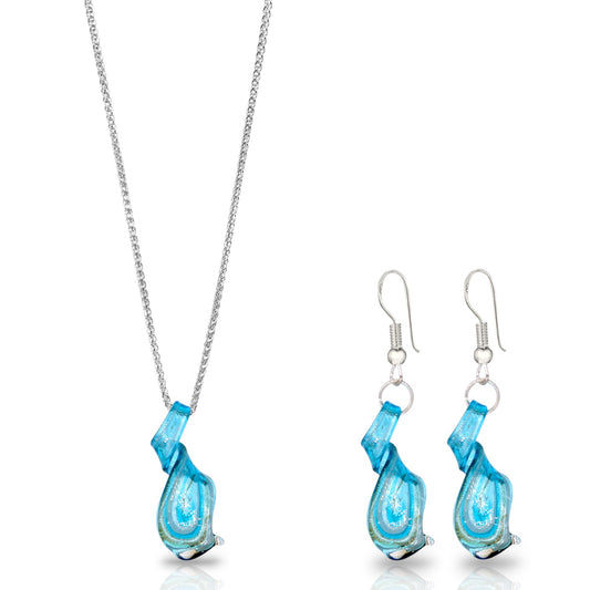 Sterling Silver Aqua Blue Tornado Glass Earrings and Necklace Pendant Set KIT