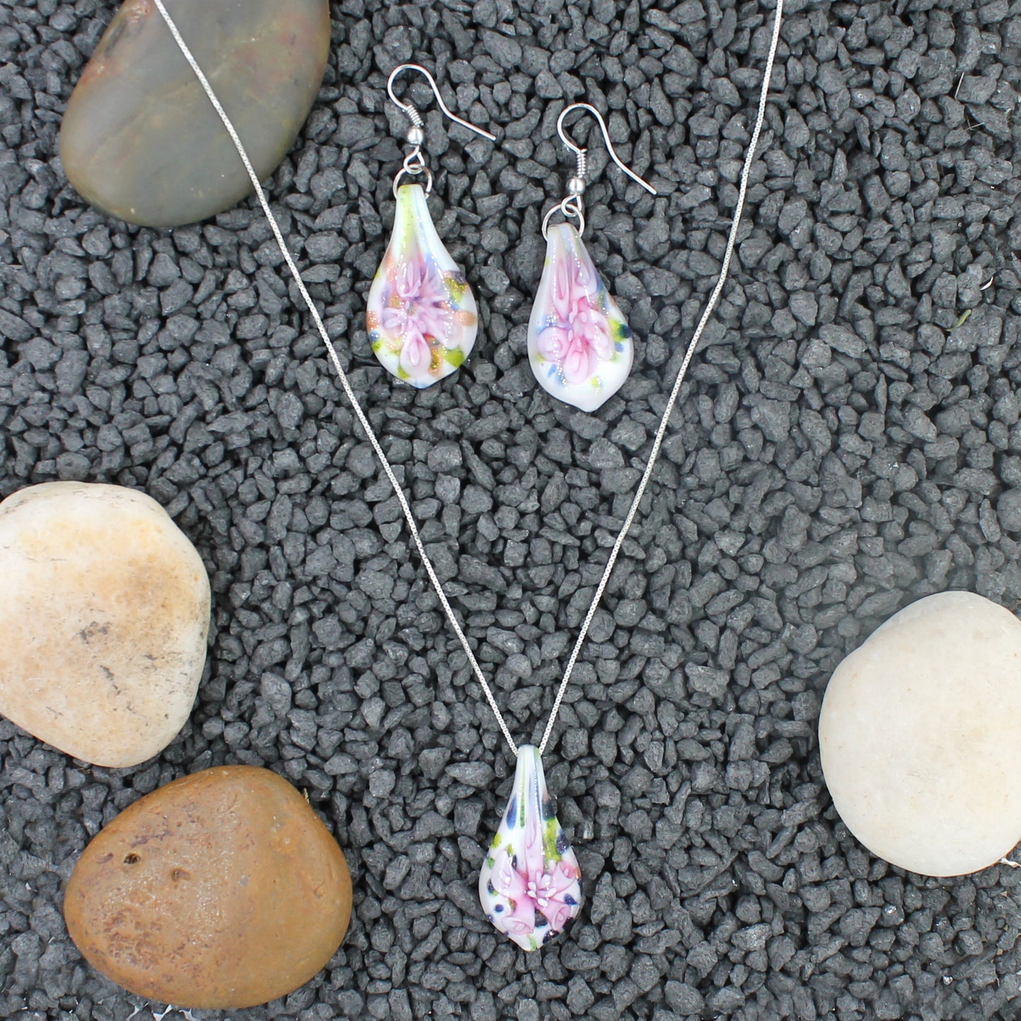 Sterling Silver Pink Lily Confetti Glass Earrings and Necklace Pendant Set