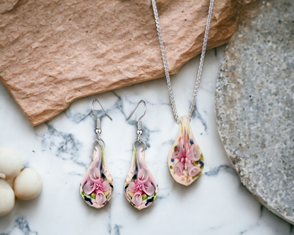 Sterling Silver Pink Lily Confetti Glass Earrings and Necklace Pendant Set