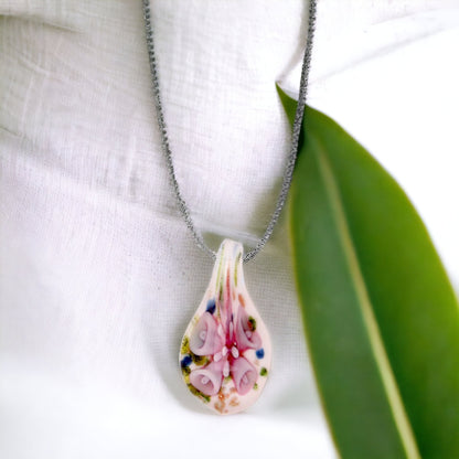 Sterling Silver Pink Lily Confetti Glass Earrings and Necklace Pendant Set