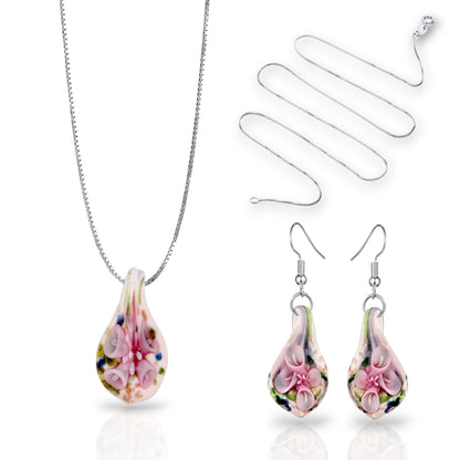 Sterling Silver Pink Lily Confetti Glass Earrings and Necklace Pendant Set