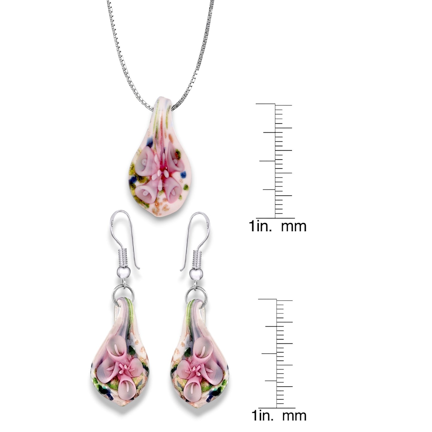 Sterling Silver Pink Lily Confetti Glass Earrings and Necklace Pendant Set