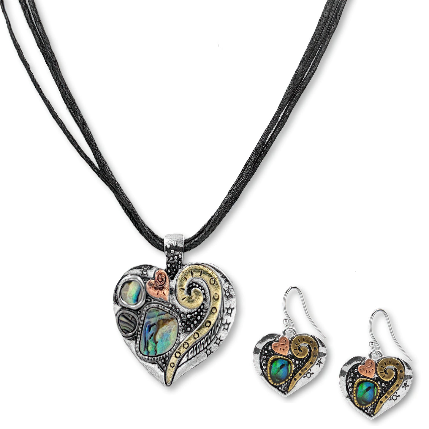 Antiqued Bronze Abalone Heart Earrings Jewelry Set | BESHEEK