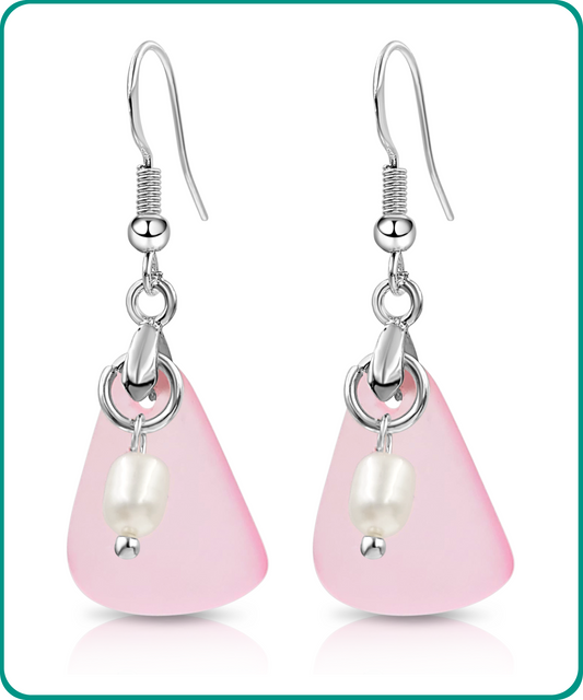 Stunning Sterling Silver Pink Pearl Resin Sea Glass Earrings