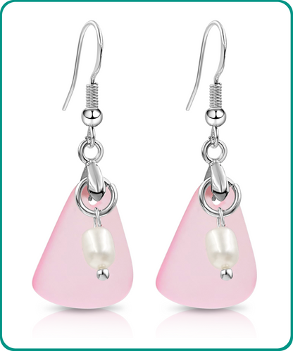 Stunning Sterling Silver Pink Pearl Resin Sea Glass Earrings