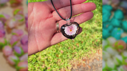 BESHEEK Handmade Murano Inspired Blown Glass Lampwork Art Pink Flower and Black Heart Necklace Pendant ? Handcrafted Artisan Hypoallergenic Italian Style Jewelry