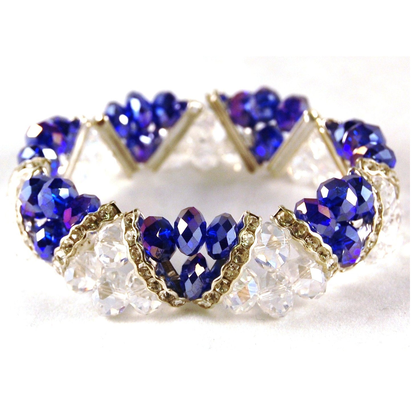BESHEEK Sapphire Blue & Clear Crystal and Rhinestone Stretch Bracelet| Handmade Hypoallergenic Boho Beach Gala Wedding Style Jewelry