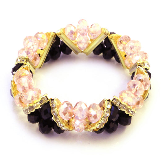 BESHEEK Handmade Light pink and Black Crystal Glass and Rhinestone Stretch Bracelet| Handmade Hypoallergenic Boho Beach Gala Wedding Style Jewelry